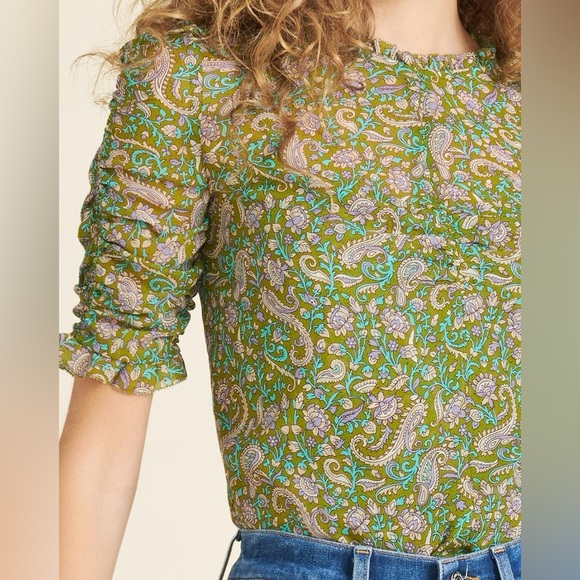 Veronica Beard Natuka Paisley Silk Ruched Short Sleeve Blouse Green Purple Top 6 - Picture 3 of 8